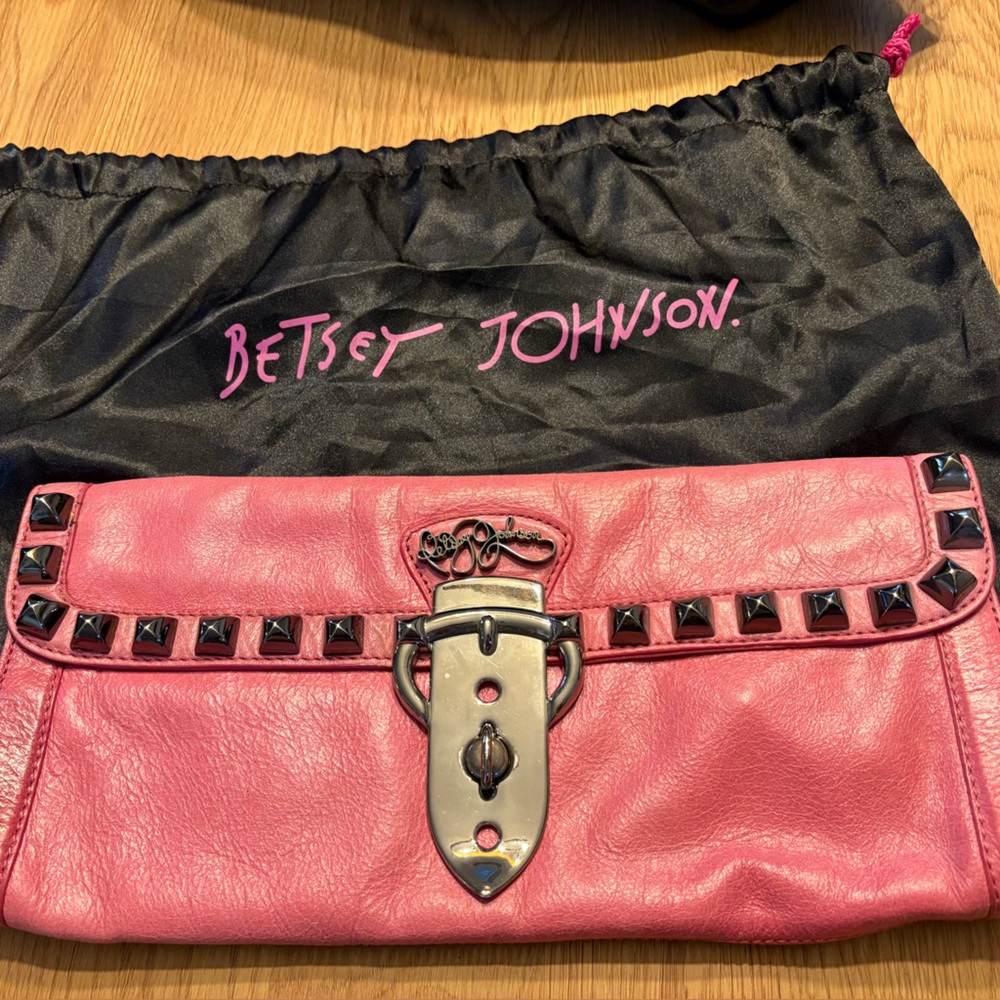 Betsy Johnson, hot pink leather clutch with studs
